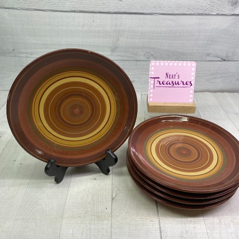 Raymond Waites Certified Intl RONDO Brown Rust Yellow Rings Salad Plates Set 5